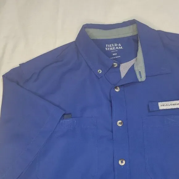 Field & Stream Shirt Mens Med Blue Short Sleeve Button Up Fishing Camping EUC - Picture 1 of 7